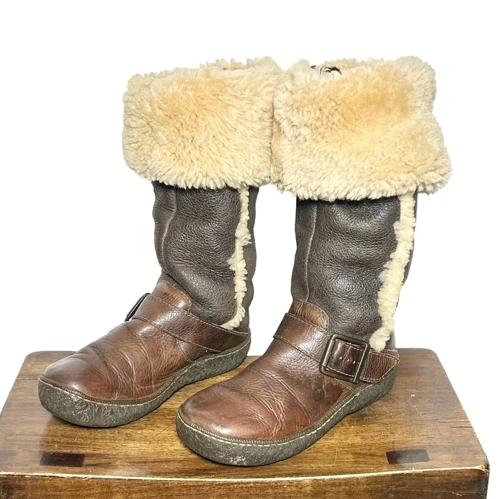Vintage Born Western Leather Shearling Knee High Boots in Brown & Cream, Size 7